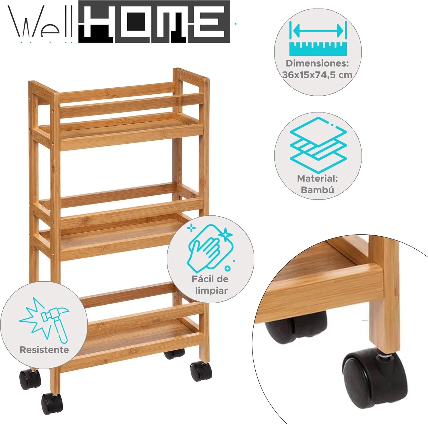 WELL HOME MOBILIARIO & DECORACIÓN Auxiliary Trolley with 3 Levels Wheels, Bamboo Kitchen Cart, Narrow Storage Cart, Space Saving, for Bathroom, Kitchen, Office, 74.5