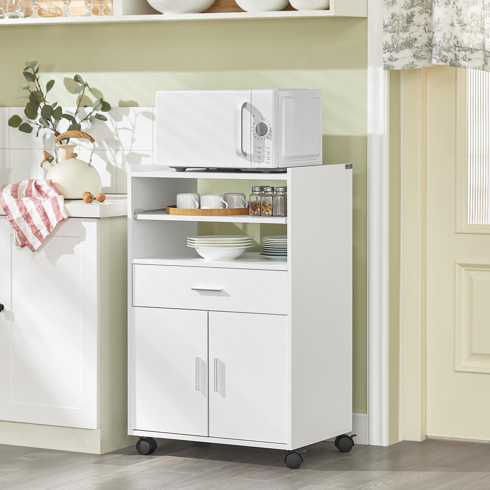 SoBuy Carrello Cucina con Ruote, Mobile Microonde con Piano Estraibile e Cassetto, Mobile Cucina Salvaspazio per Piccoli Ambienti, Cucina, Coffee Station e Soggiorno, Bianco 59×40×92 cm FSB09-W