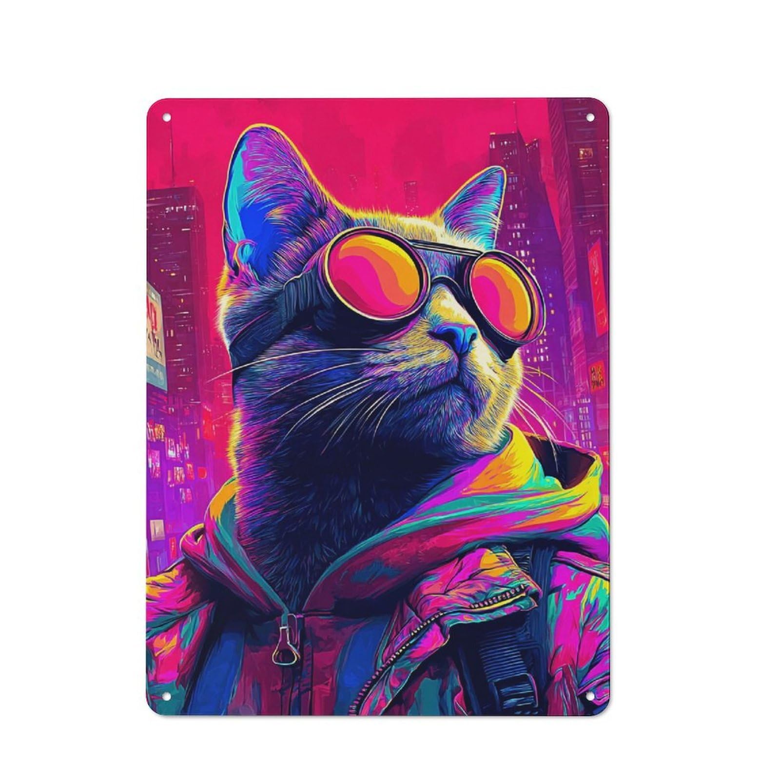 Junmoney Neon Cat In Cityscape Metal Wall Sign 40X30cm Featuring For Living Room Wall, For Metal Sign Collectors, For Garage And Workshop Walls