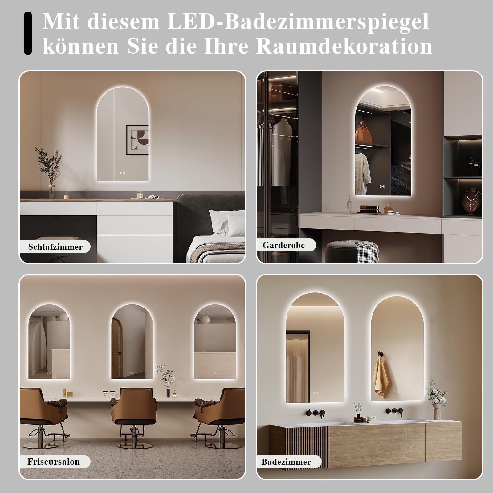 Specchio da bagno con illuminazione, 50 x 90 cm, specchio da bagno a LED curvo, con interruttore touch, dimmerabile, 3 colori di luce, per bagno