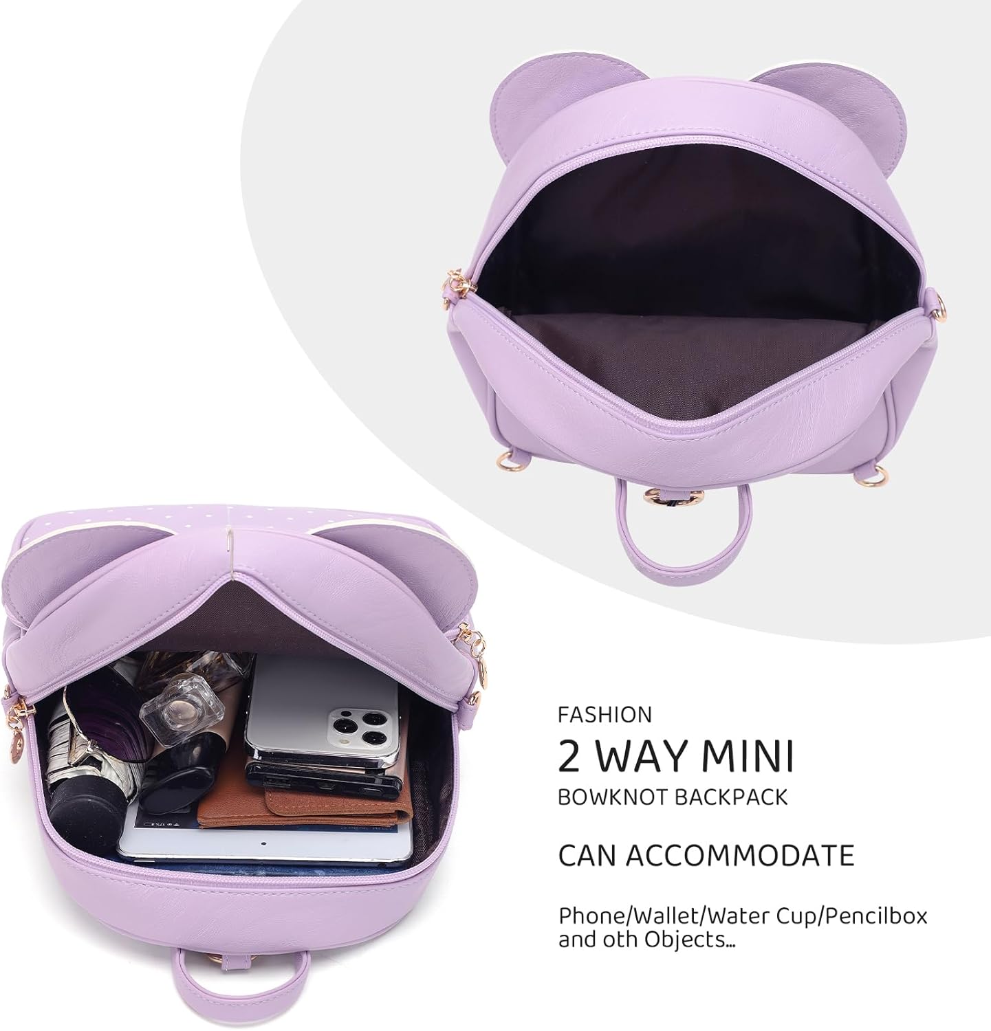 KL928 Girls Mini Backpack Bowknot Polka Dot Cute Daypacks Convertible Shoulder Bag Purse for Women (L.Purple) - Image 4