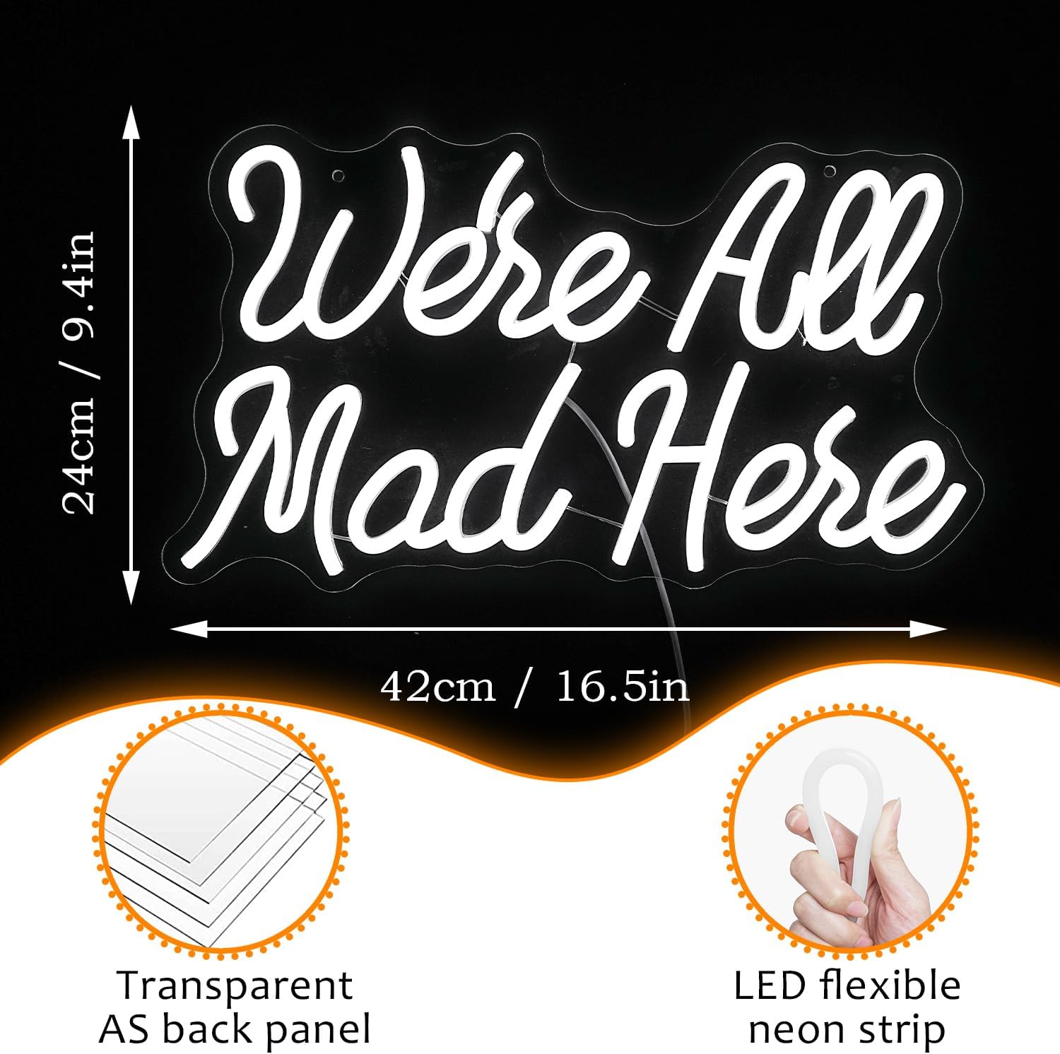 We Are All Mad Here Neon Sign Letter LED Neon Lights Dimmable USB Powered 16.5’’X9.4’’Cool Wall Decor Light Sign Bedroom Bar Birthday Party Decoration Gifts （White）