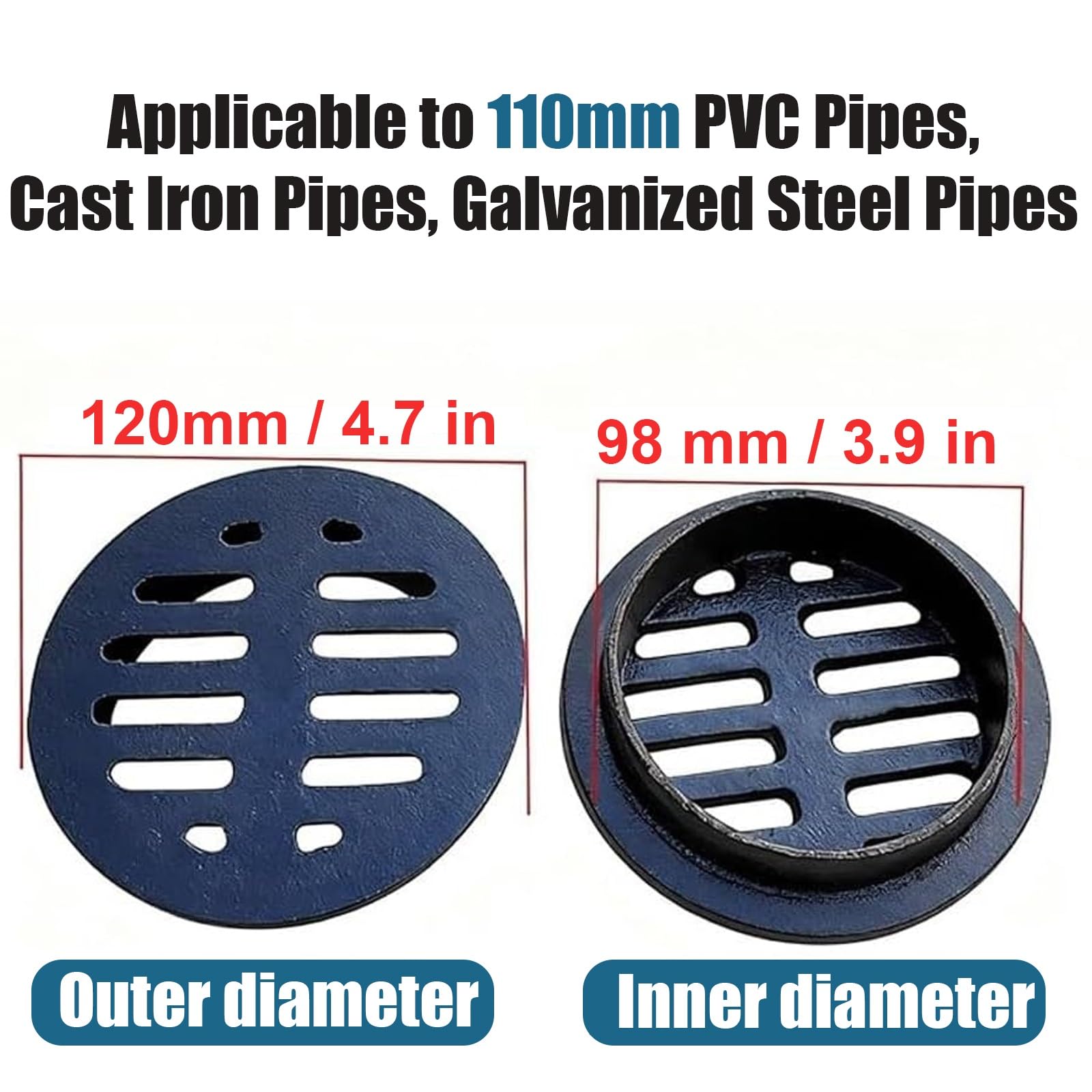 50/75/83/110/160/200/250mm Caniveau Exterieur en Fonte, Grille de Drainage Lourde Ronde pour Remplacement de Regard d'Égout, Drain Anti-Rouille pour Douche, Terrasse, Jardin & Balcon(110mm/4.3in)