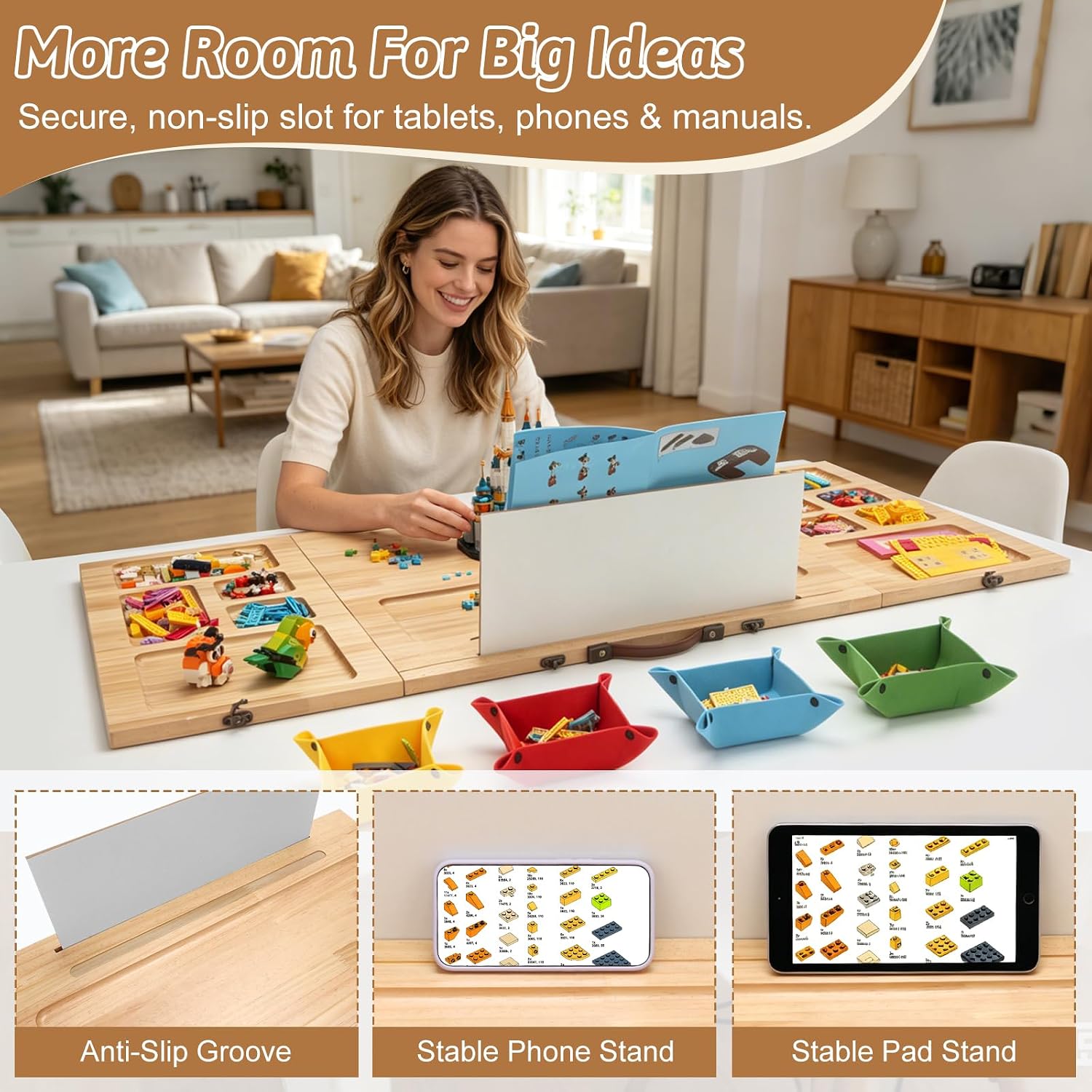 Tri-fold Building Tray for Lego with 4 Bricks Sorting Trays, Large Wooden Building Baseplate Table for Adults & Teens, Portable Folding Activity Station for Construction & Storage