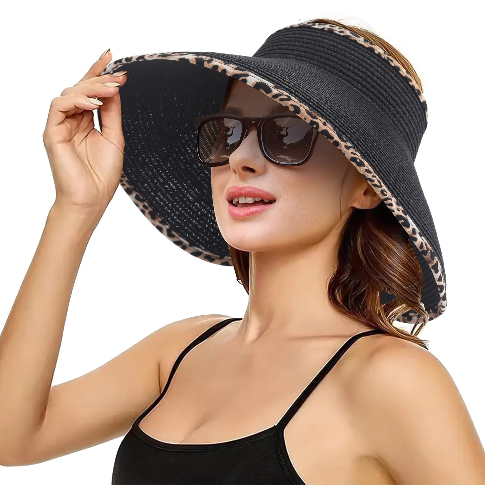 Sun Visor Hat for Women, Wide Brim Straw Summer UV Protection Hat, Foldable Roll-up Packable Beach Cap