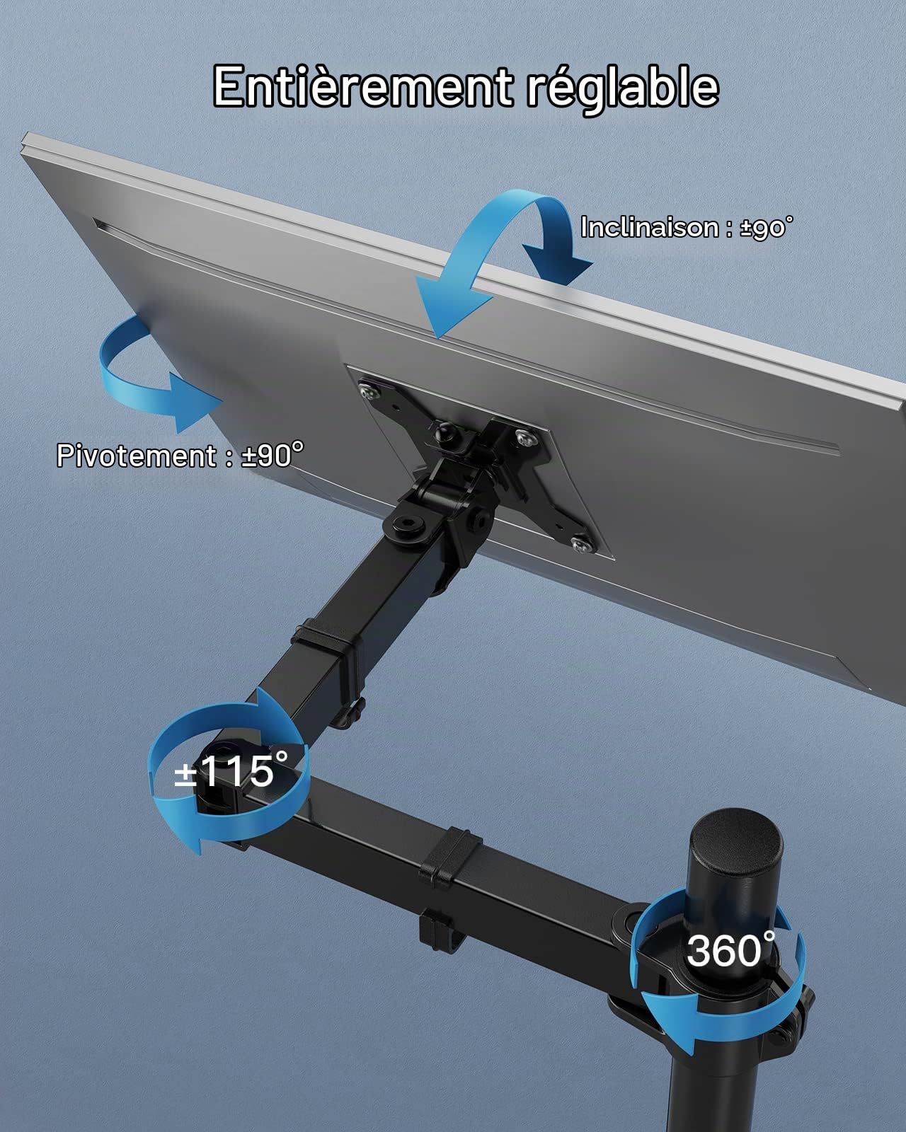 HUANUO Support Bureau Bras Ecran PC, Support Ecran PC Réglable 13 à 32 Pouces, Écran Ultra-Large à 38 Pouces, Bras d'Ecran Extra-Haut de 1010 mm. Supportant à 10 kg avec Base Pince en C/À Œillet