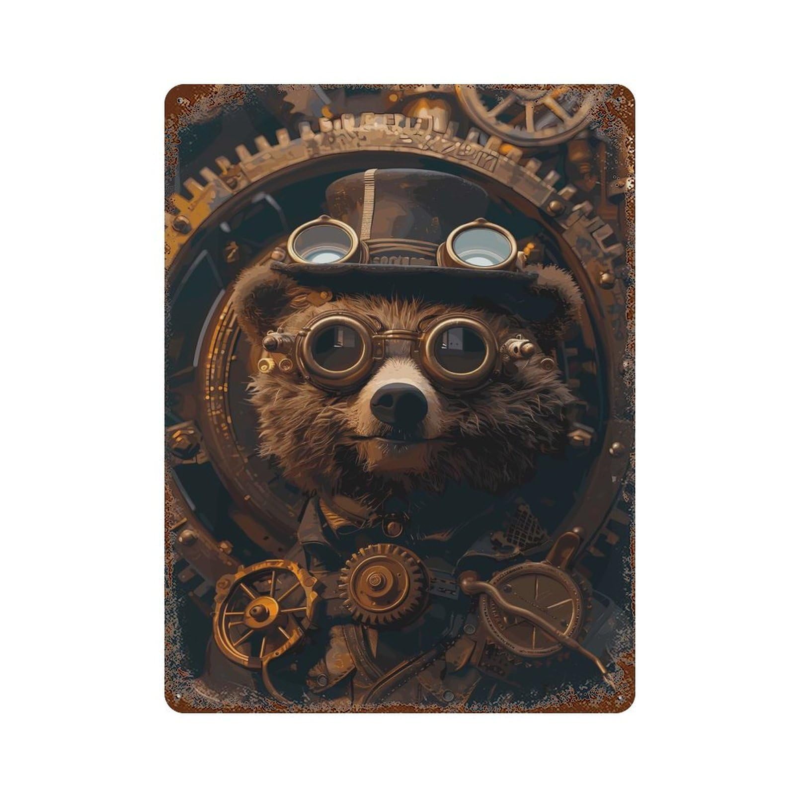 Steampunk Animal Bear Vintage Wall Sign 15.7"x11.8", Rust Effect Metal Decor for Living Room, Hallway And Home Decor