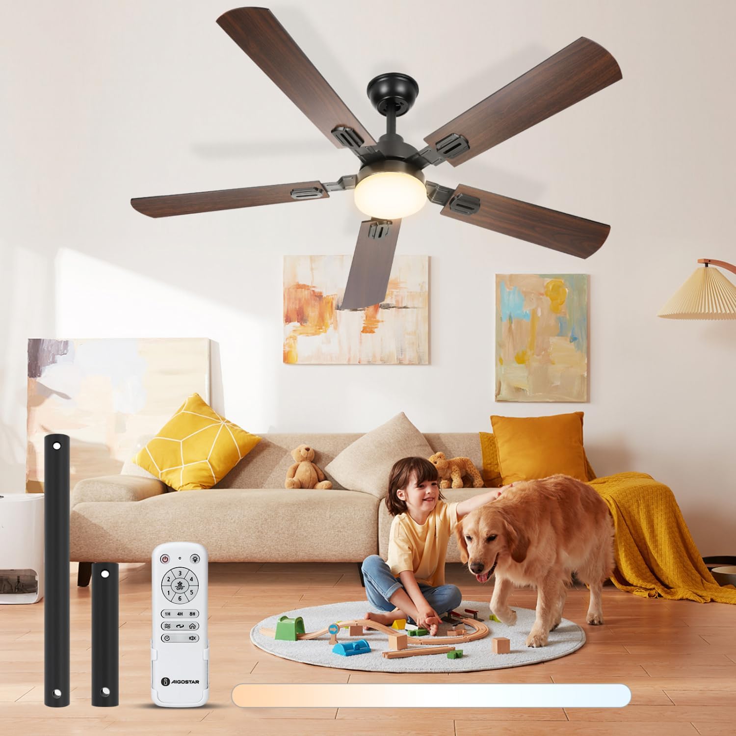 aigostar 52" ceiling fans with lights and remote, black indoor/outdoor ceiling fan with quiet reversible dc motor, 6 speeds,dimmable 3cct, 8 blades large ceiling fan for living room and bedroom 52‘’