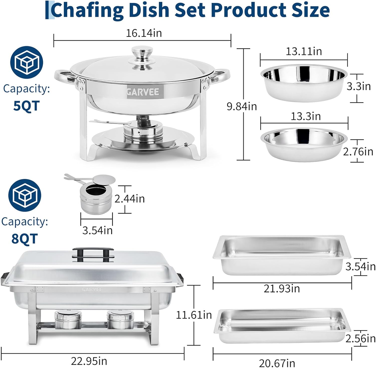 Garvee 6 Pack Chafing Dish Buffet Set, 8 Qt Rectangle & 5 Qt Round Stainless Steel Chafers and Food Warmer Sets with Lid, Food & Water Pan and Fuel Holder for Events, Parties & Holiday Catering