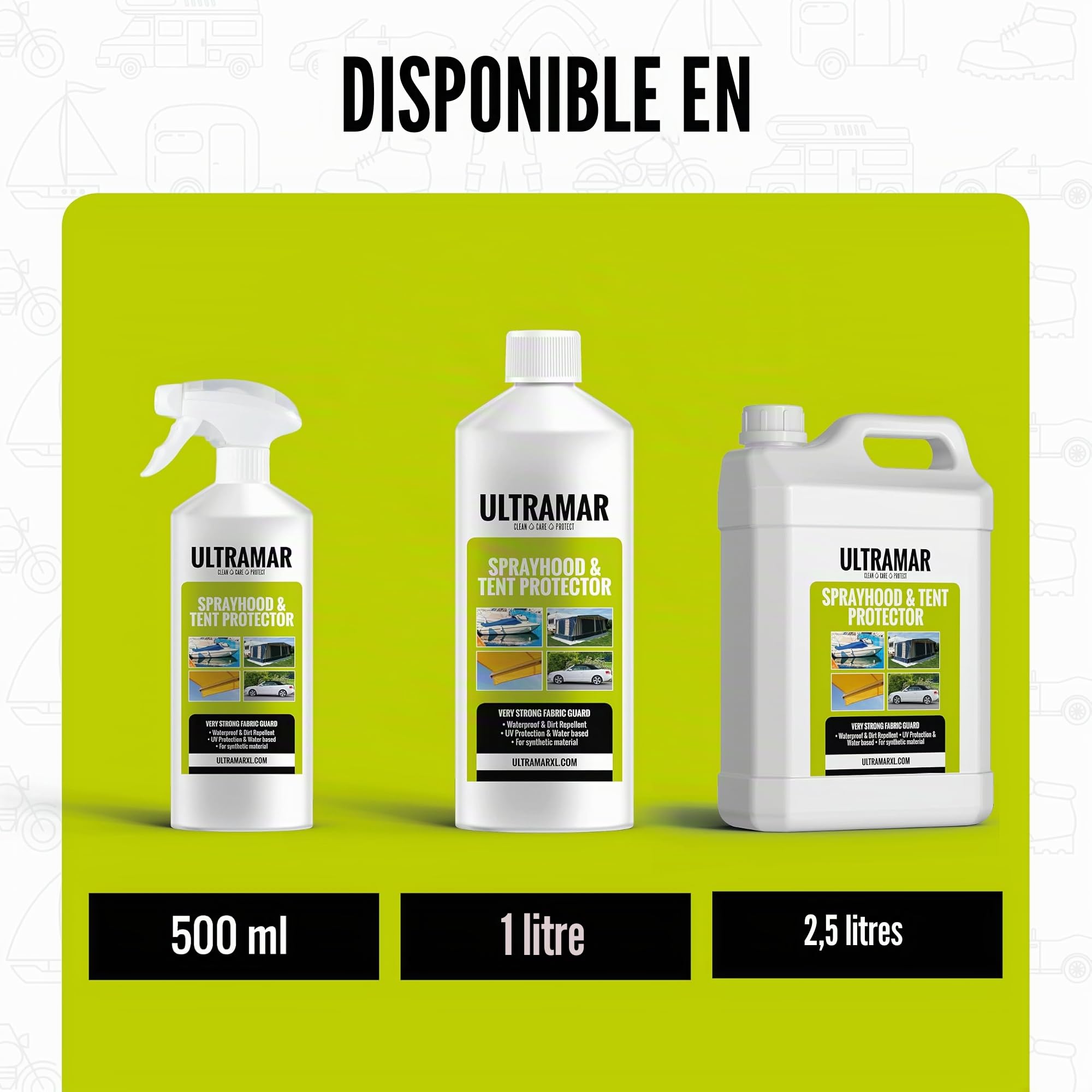 Ultramar - Sprayhood & Tent Protector - Imperméabilisant pour Tente, Bimini pour Bateau, Store Banne, Toit Convertible - Spray d'imprégnation - Imprégnateur