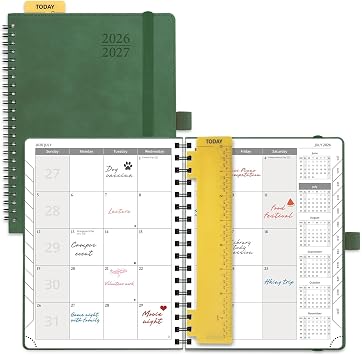 POPRUN 2026-2027 Monthly Planner, 6.5" x 8.5" Agenda, 18 Month Calendar | Jul.2026-Dec.2027 Calendar Book, Appointment Planner with Note Pages, Spiral Softcover, Inner-Pocket, 100GSM, Green