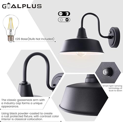 Miniatura 6 de Luces de granero de anochecer al amanecer para exteriores con cúpula de 10 pulgadas, lámpara exterior de cuello de cisne negro con interior blanco,