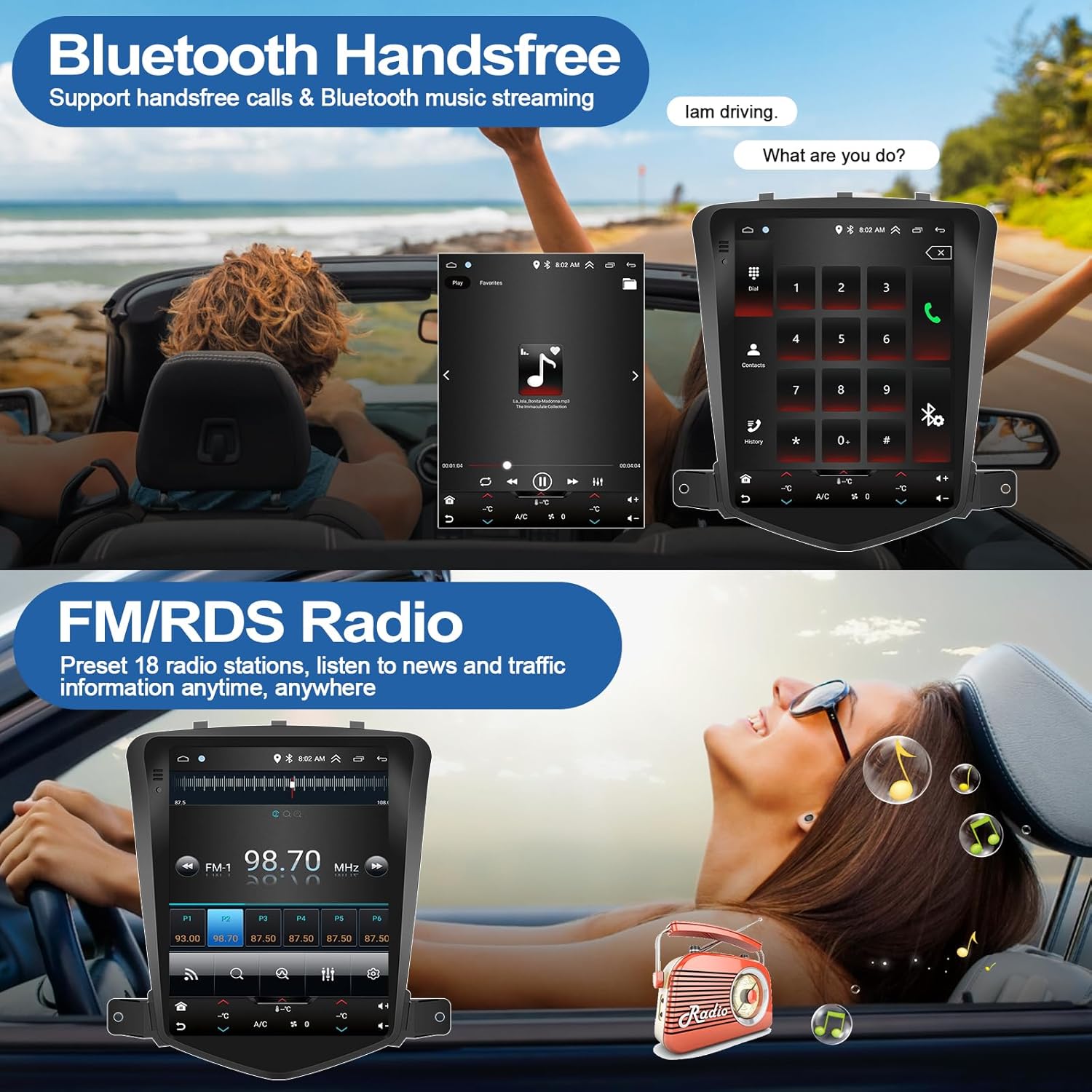 Car radio display showing Bluetooth hands-free calling interface and FM/RDS radio controls.
