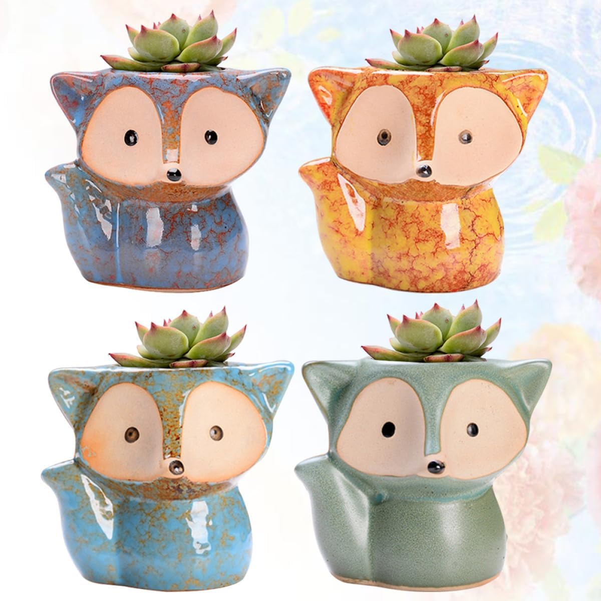 GLEAVI 4pcs Ceramic Succulent Plant Pots Mini Animal Design Flower Planters for Indoor Home Decor, Small Colorful Blue Green Yellow Purple Set Without Plants