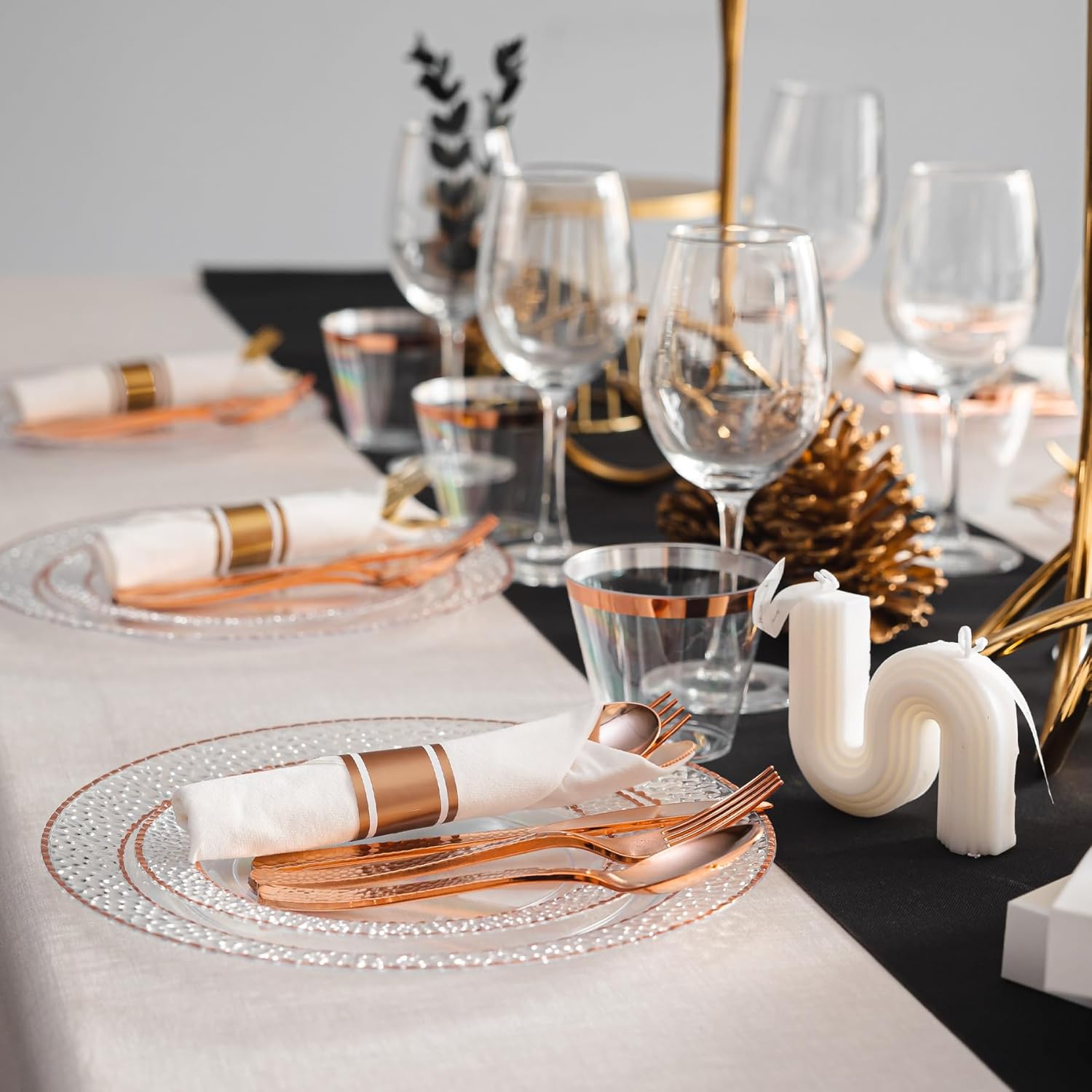 HOMIP 350PCS Clear Plastic Plates with Rose Gold Stone Texture Rim for 50 Guests, Includes 100Pcs Plates, 50Pre Rolled Napkins with Silverware and 50 Cups Disposable Dinnerware Set for Wedding Party