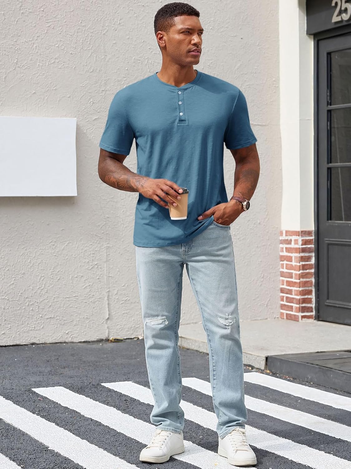 Runcati Mens Henley Shirt Short Sleeve Casual Button Basic Tees Slim Fit Stretch Summer T Shirts - Image 4