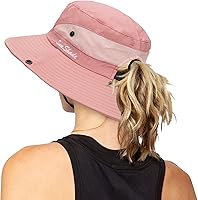 Vista 32 de Sombrero de pesca de playa de ala ancha para mujer, con protección UV, plegable, con agujero para cola de caballo