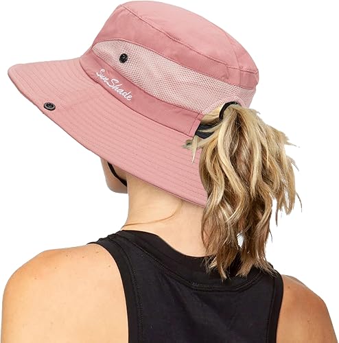 Miniatura 32 de Sombrero de pesca de playa de ala ancha para mujer, con protección UV, plegable, con agujero para cola de caballo