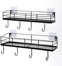 Lyeasw Metal Black Floating Shelves Wall Mounted with 8 Removable Hanging Hooks, 15-Inch Adhesive Shower Shelf Organizer for Bathroom Kitchen Storage Rack, Set of 2