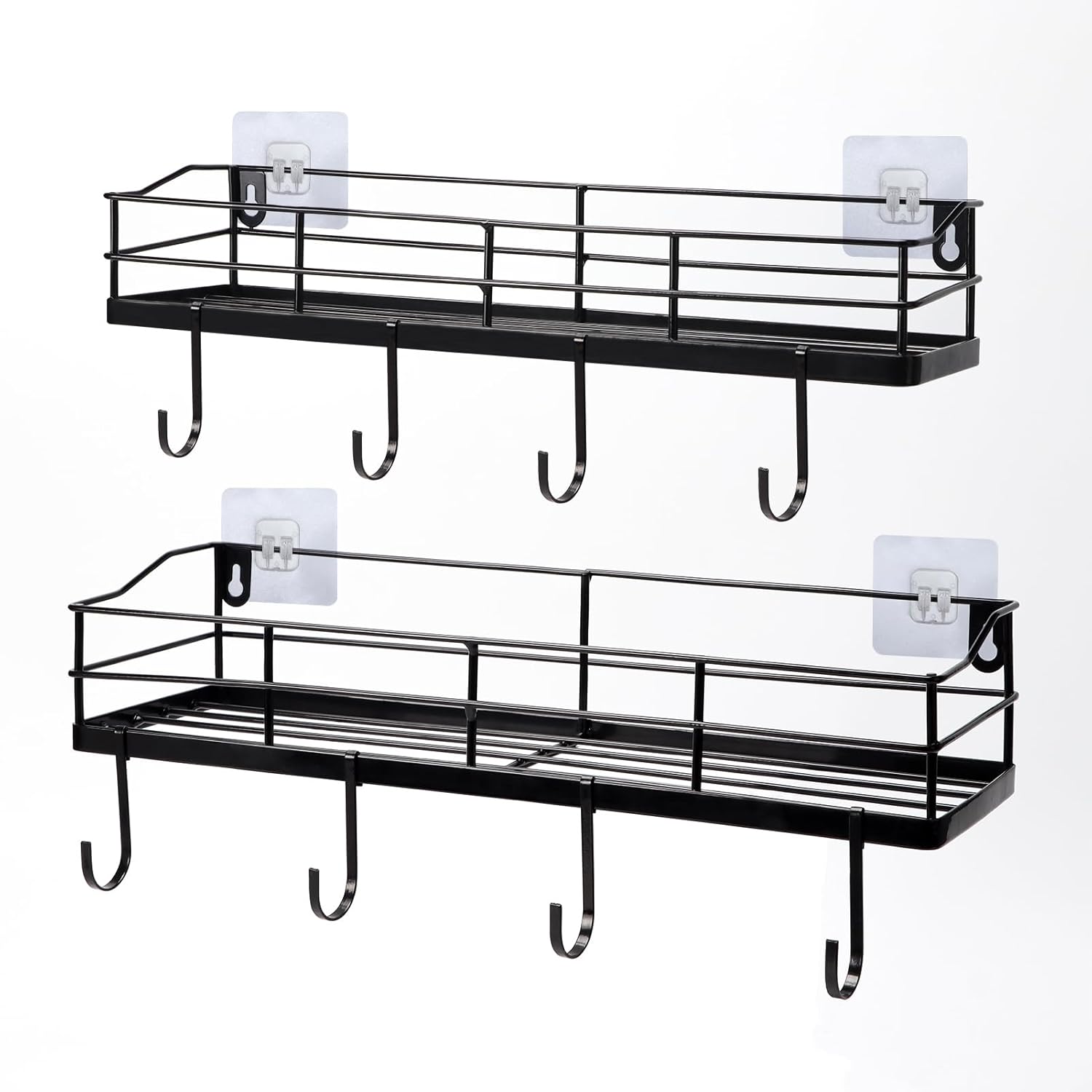 Lyeasw Black Floating Shelves Wall Mounted with 8 Removable Hanging Hooks 15-Inch Adhesive Shower Shelf Organizer for Bathroom