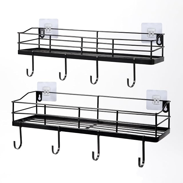 Lyeasw Black Floating Shelves Wall Mounted with 8 Removable Hanging Hooks 15-Inch Adhesive Shower Shelf Organizer for Bathroom
