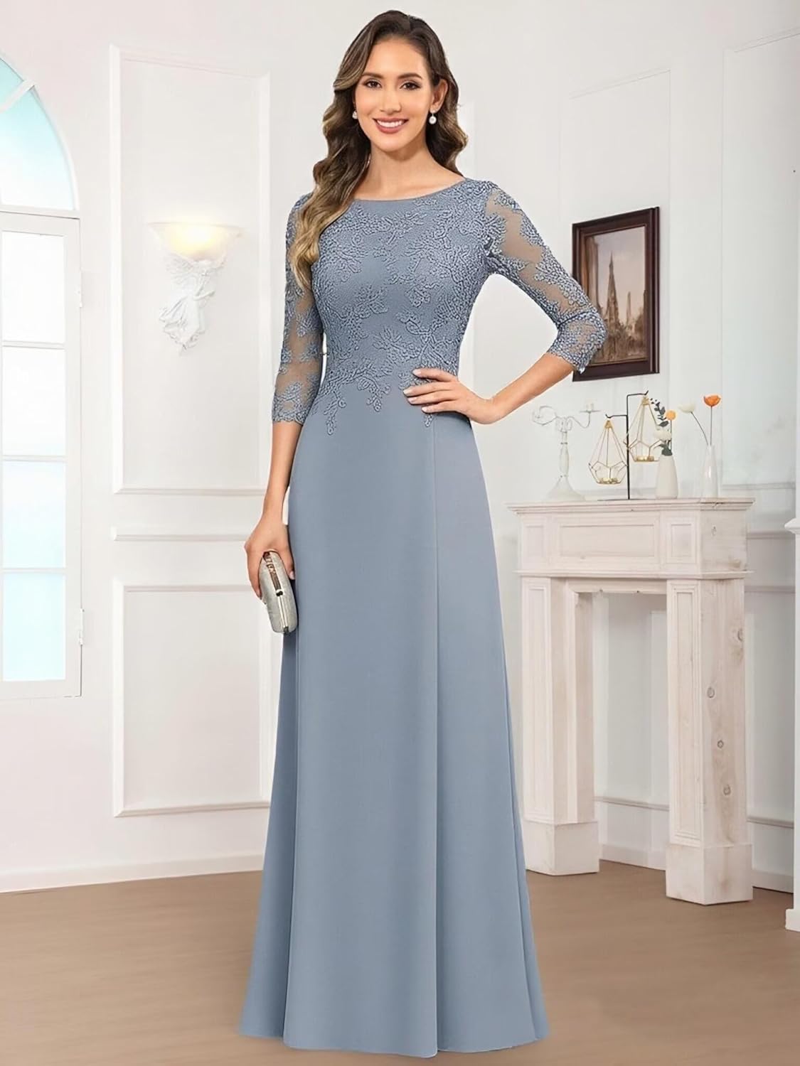 Long Mother of The Bride Dresses for Women Lace Chiffon Half Sleeve Formal Wedding Guest Dress - Image 3