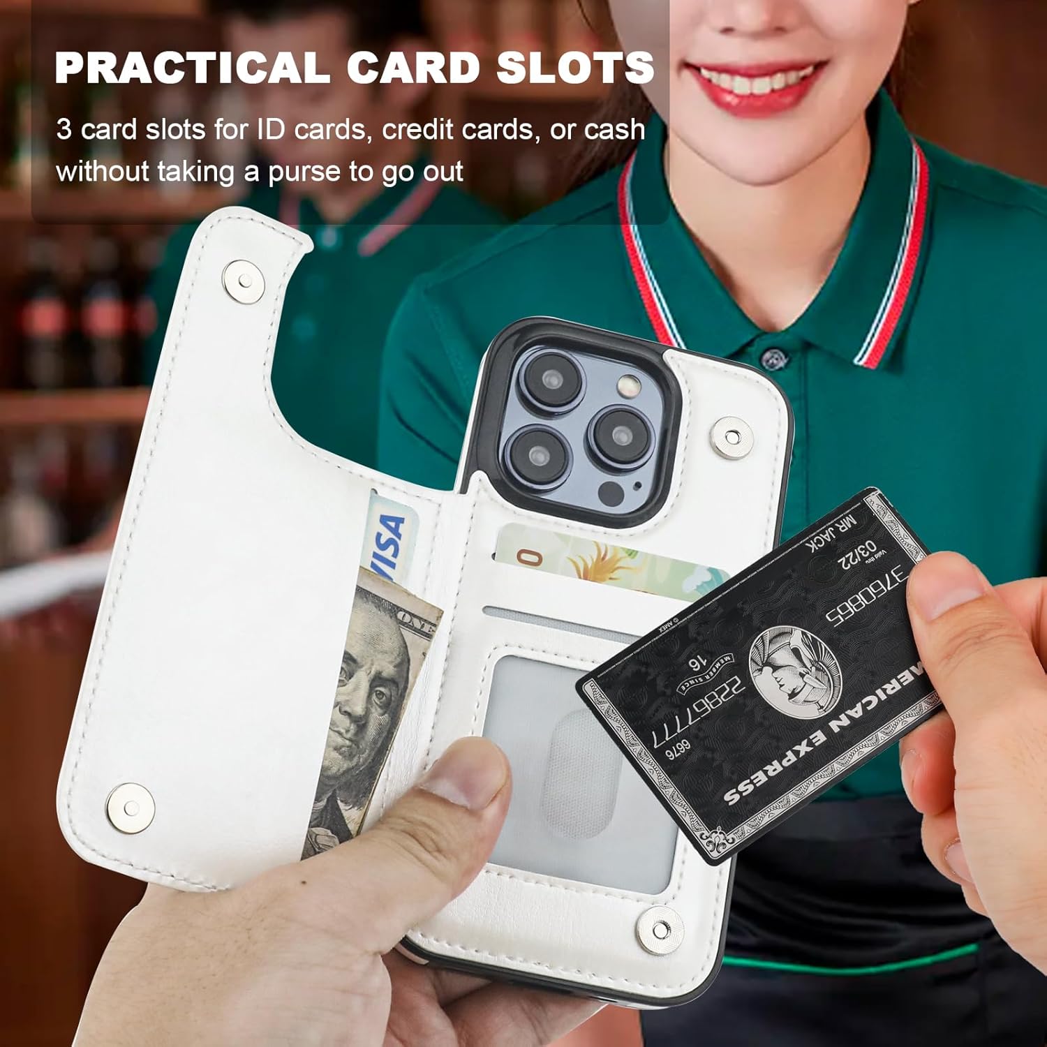 ONETOP for iPhone 15 Pro Wallet Case with Card Holder, 360° Rotation Ring Kickstand RFID Blocking PU Leather Double Magnetic Clasp Shockproof Cover for Women and Girls 6.1 Inch (White) - Image 3