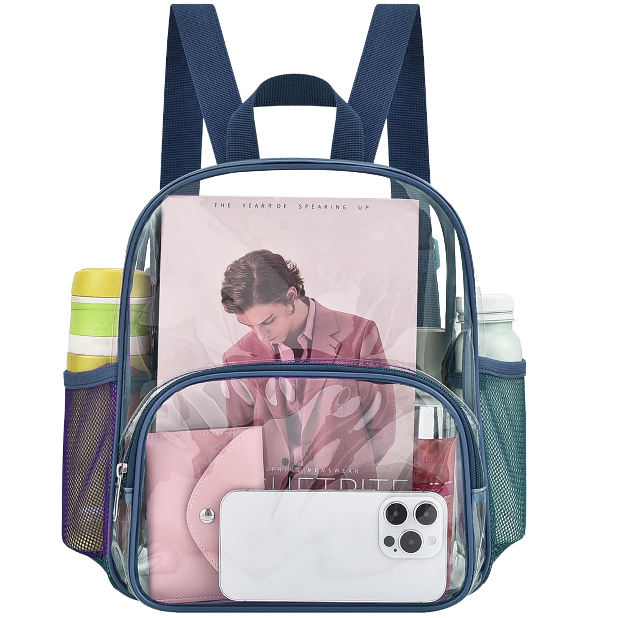 Busiuw Clear Backpack for Stadium Events Clear Backpack 12x12x6 with Front Pocket for Concert Sport Events Work Travel (Navy Blue)