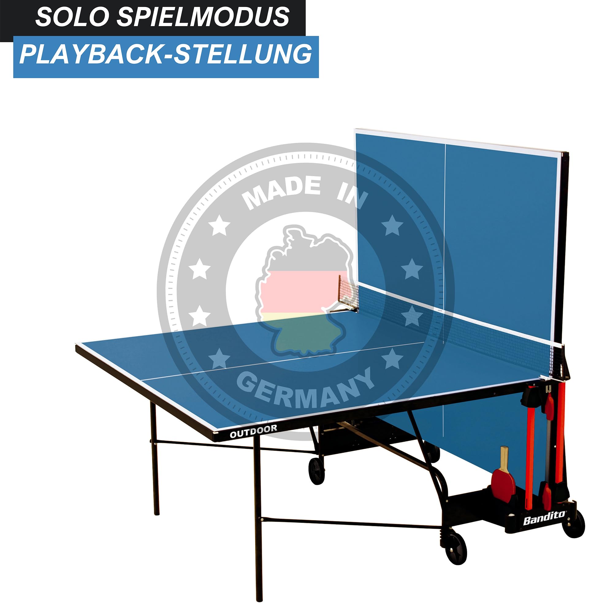 Bandito Profi Tischtennisplatte - Made in Germany, TÜV geprüft, Outdoor & Indoor, Ping Pong Tisch, Turniermaß, klappbar, leicht verstaubar, wasserabweisend, mit Rollen & Netz, 4 mm Melaminharzplatte