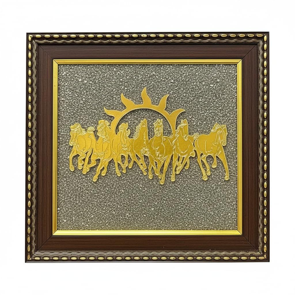 White Aura Vastu Store Pyrite Stone Frame with Vastu Seven Running Horses with Sun to Attract Money | Protection and Chakra Healing - Wooden Photo Frame Wall Decor Items for Living Room