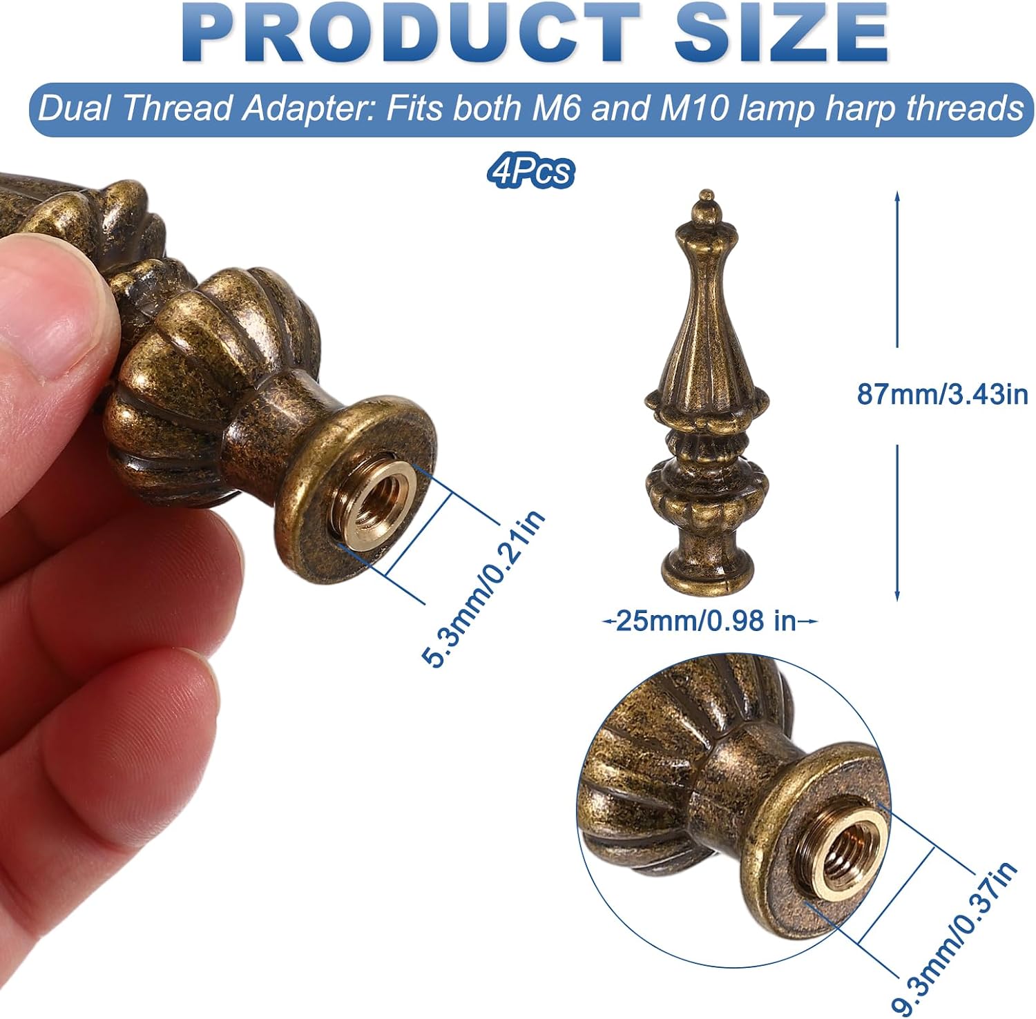 Solid Lamp Finials Caps 3.4'' Tall, Thread Lamp Screw Cap M6 M10 | 4Pcs Light Finial Knob Anti Rust for Home Hotel Cafe Restaurant Vintage Light Shade Fixture Decor, Patina