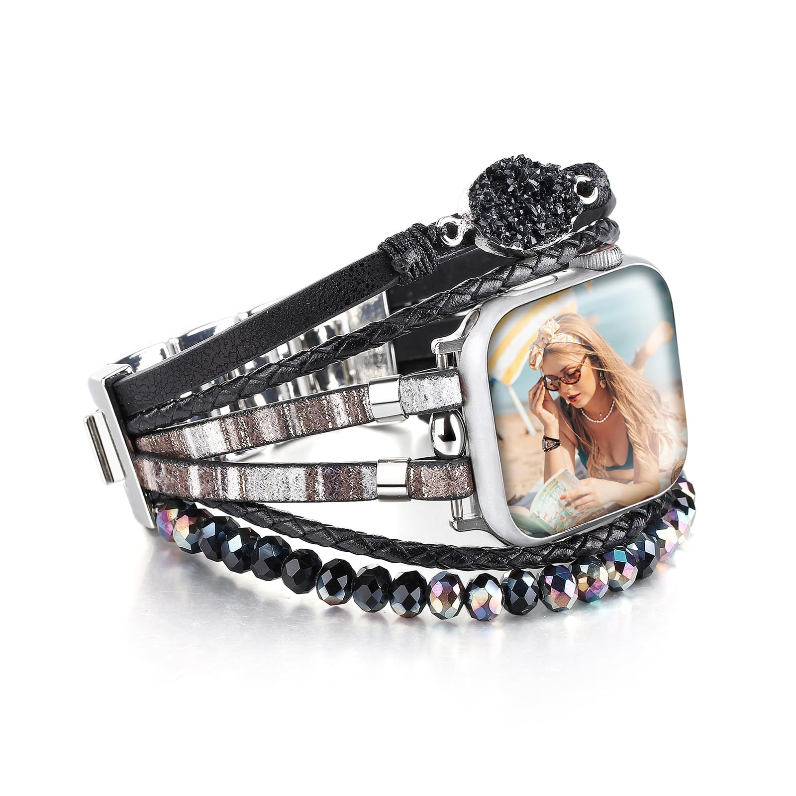 HARAVAL Leather Beaded Bracelet Compatible with Apple Watch Band 42mm 44mm 45mm 46mm 49mm Women Men, Handmade Boho Jewelry Fashion Cute Multilayer Wrap Watch Strap for iWatch Band SE Ultra 2 Series 10 9 8 7 6 5 4 3 2 1 - Black