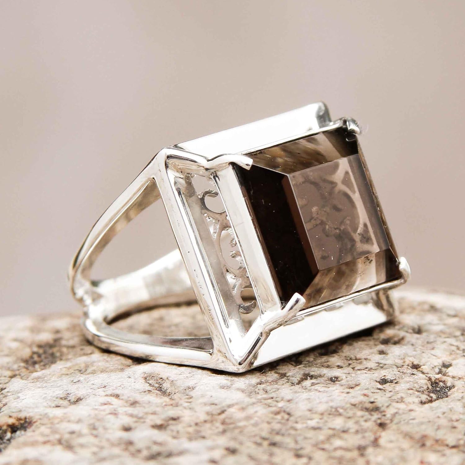 NOVICA Artisan Handmade Smoky Quartz Cocktail Ring Peru Jewelry .925 Sterling Silver Brown Single Stone Modern 'Charm of Lima'