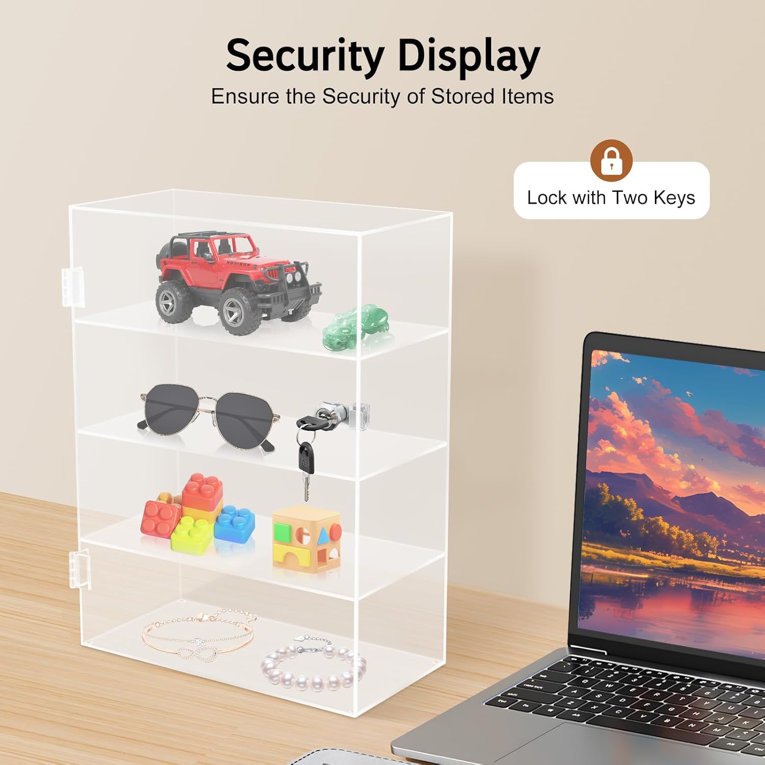 4 Tier Lockable Acrylic Display Cabinet Countertop Acrylic Display Case Well Sealed Clear Showcase Display Cabinet with Lock and Keys for Mini Figures, Cosmetics, Collectibles