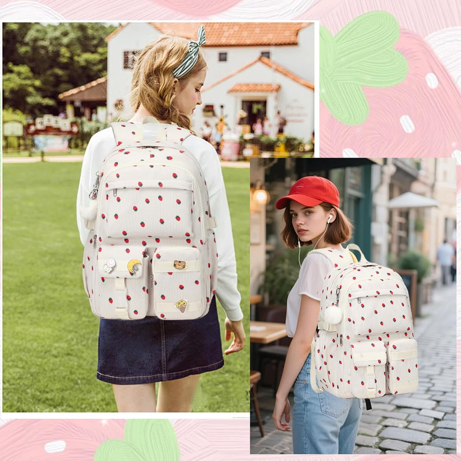 School Backpack for Teens Girls Women Corduroy Strawberries Laptop College Backpacks Work Bag Kids Elementary Middle High School Bag Travel Daypack Campus Bookbag