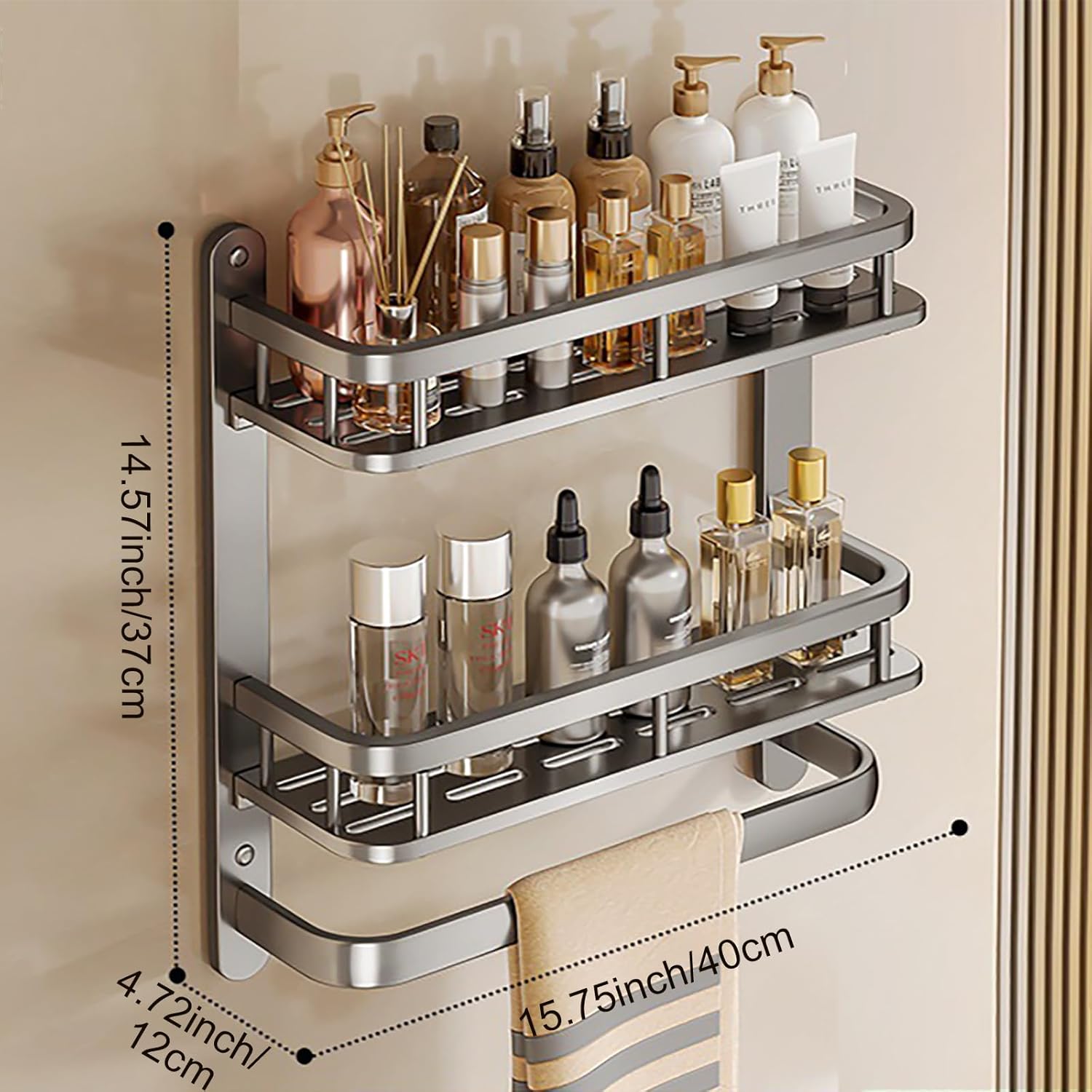Shower Caddy – Adhesive Wall-Mounted Bathroom Shelf Organizer, Rustproof Metal Storage Rack for Shower, Kitchen, Bedroom, Living Room (white, 15.75inch/40cm-2)