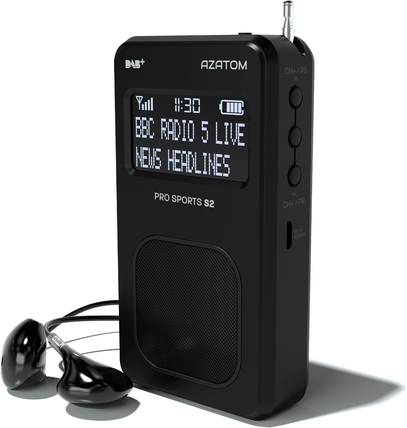 Portable DAB/DAB+ & FM Digital Radio | Sports Earphones Included | Built in Speaker | Rechargeable Battery (10-12 Hours) | Perfect for Sports, Hiking or Working | AZATOM Pro Sports S2 (Black)