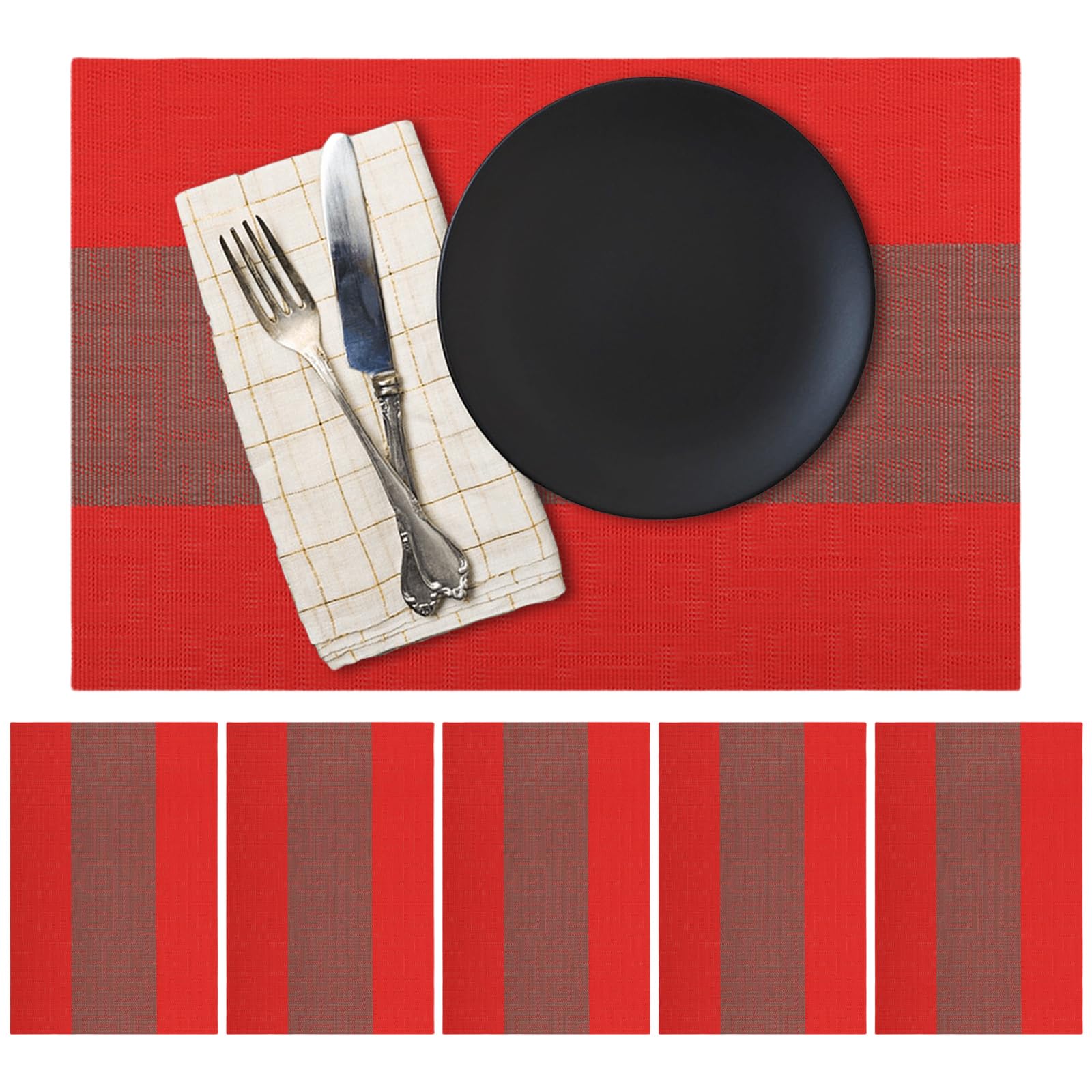 Table Mats Set of 6 Red Placemats Woven Vinyl Placemat for Dining Non Slip Washable Wipeable Kitchen Tablemats Durable Indoor Outdoor 17.7"X11.8" Red