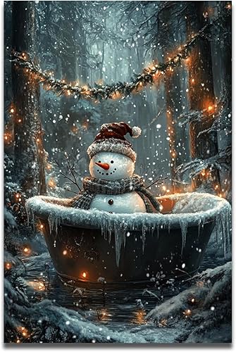 Impresión en lienzo de muñeco de nieve de Navidad en la bañera, bosque, clásico, Navidad, invierno, escena nevada, paisaje, pinturas retro, imagen