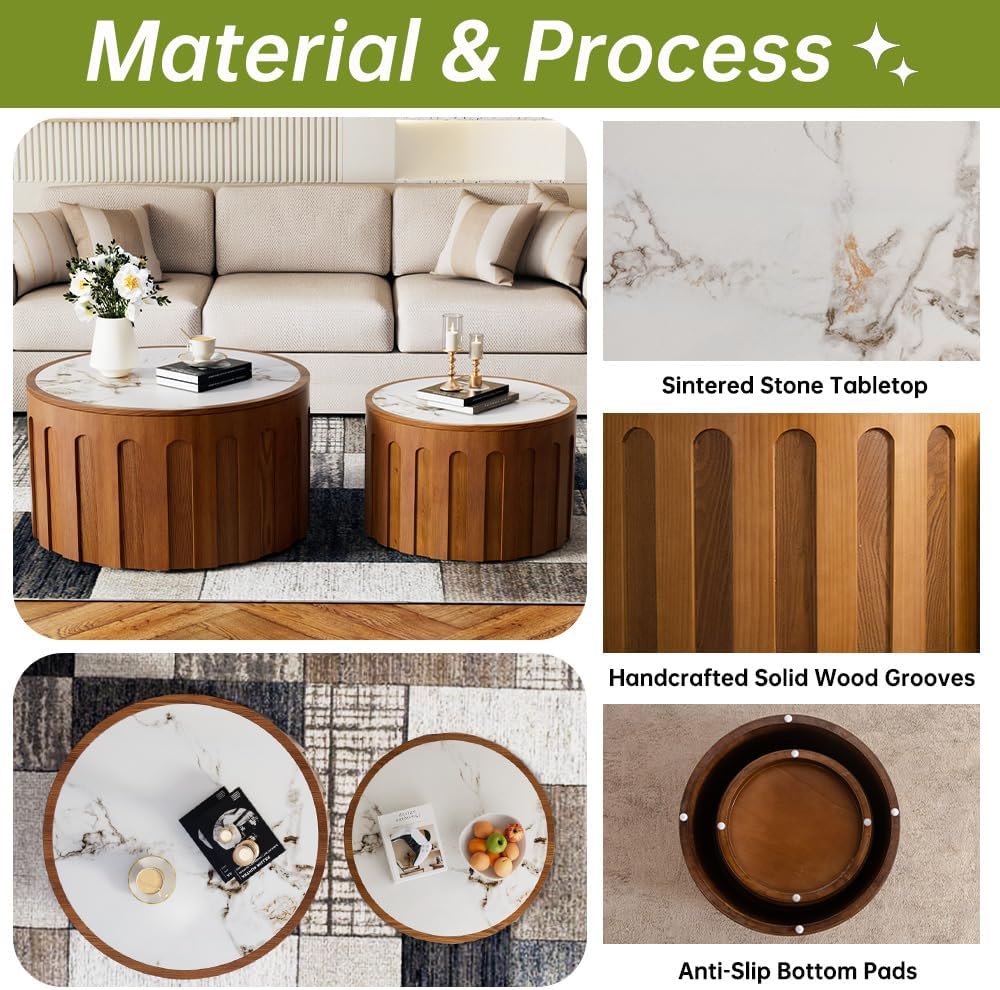 26" Round Nesting Coffee Table Set of 2, Modern Round Wood Fluted Coffee Tables Set for Living Room Nesting End Table for Small Space (F)