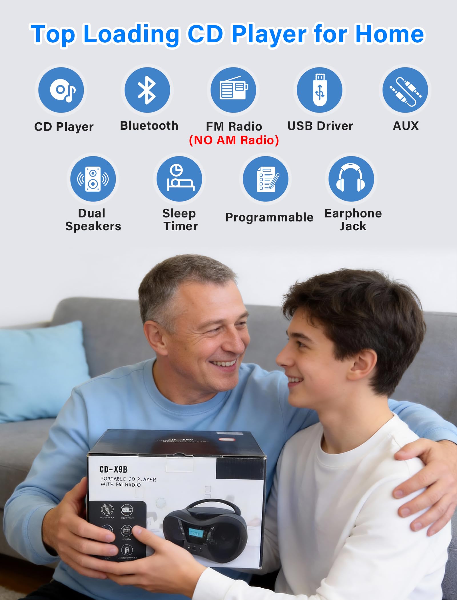 Condition photo showing New/Like New for greadio boombox portable cd players for home with bluetooth, boom box cd player fm radio combo, stereo sound, ac/battery powered, cd/cd-r/rw compatible, support aux/usb/headphone, timer, repeatable