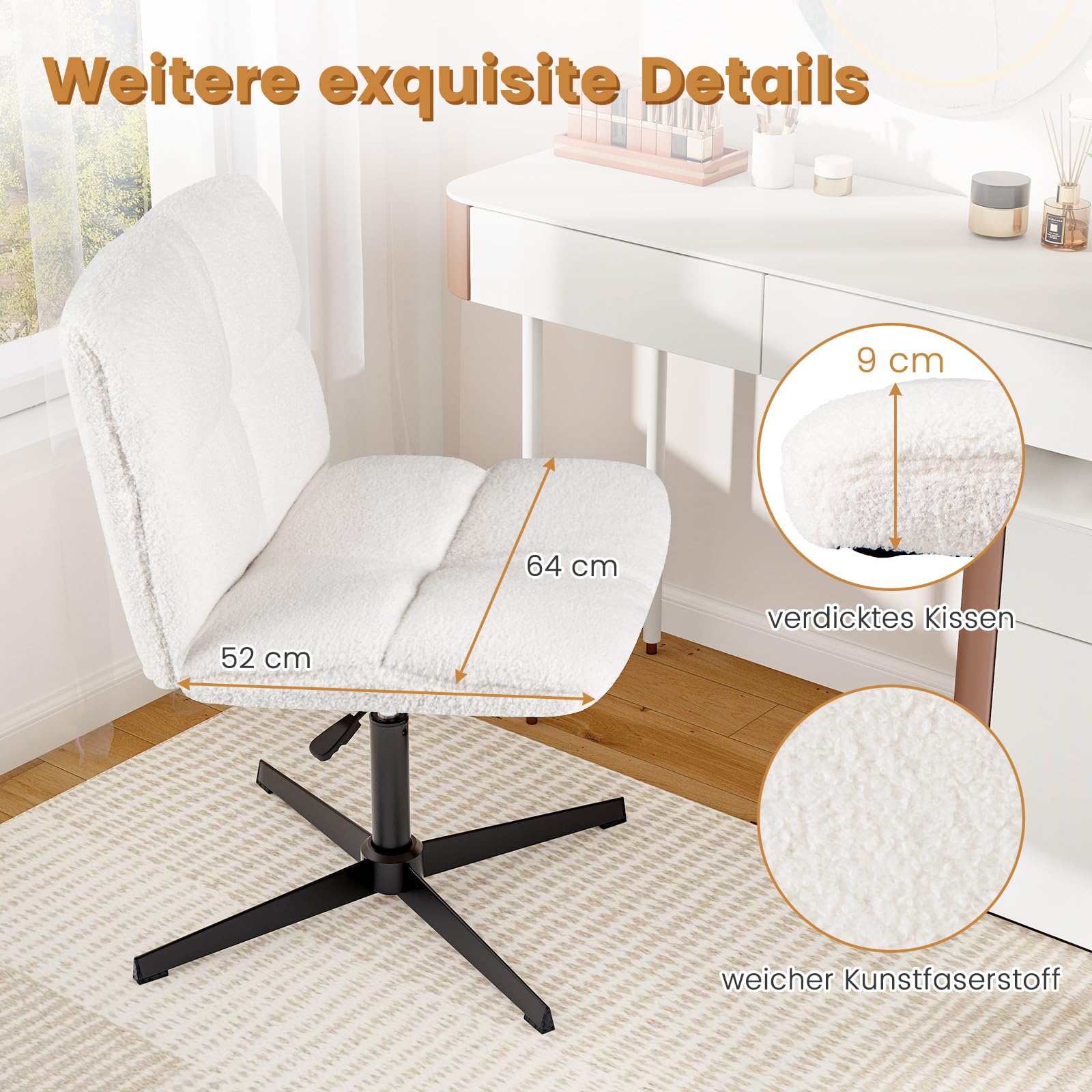 COSTWAY Schneidersitz Stuhl, Drehstuhl ohne Armlehnen, Schreibtischstuhl mit breiter Sitzfläche, Bürostuhl mit Kreuzfuß, Schminkstuhl, höhenverstellbar, Wippfunktion, modern (Beige)