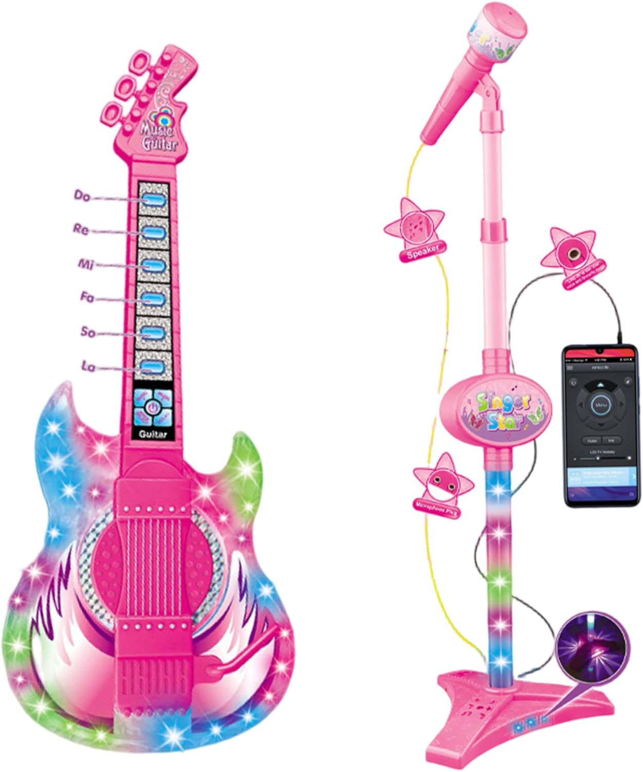 Guitar and Microphone for Kids, Toy Guitar with Music & Light, Adjustable Height 2 in 1 Kids Microphone with Stand, Learning Toy Instruments Electric for Ages 5-9