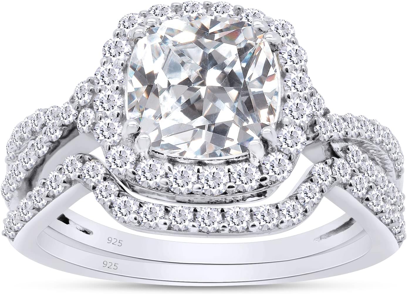 SAVEARTH DIAMONDS 14K Gold Plated 925 Sterling Silver Center 7.5X7.5mm G-H Color Cushion Cut Synthetic Moissanite Lab Created Diamond Halo Engagement Ring Bridal Set 2 Pieces (2.63 Cttw)