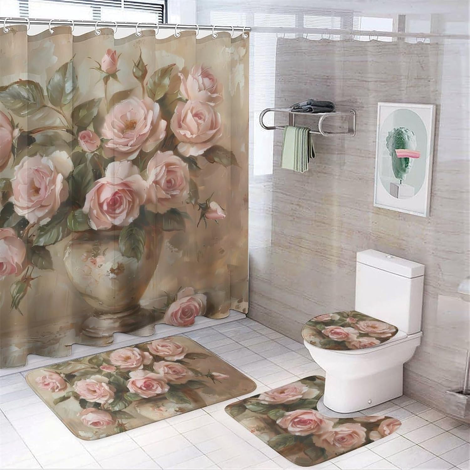 Vintage Roses Flowers Modern Bathroom Sets with Shower Curtain and Rugs Decor 4 Pcs with 12 Hooks