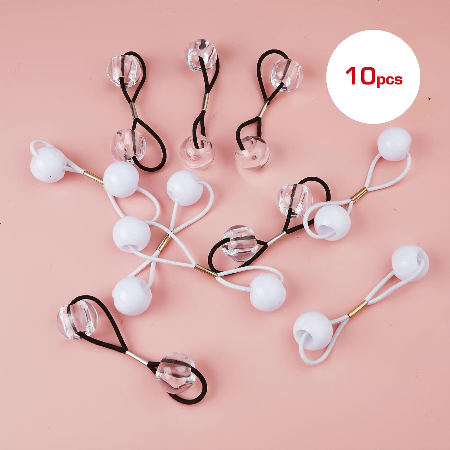 RED by Kiss 10 Pieces 16mm Ball Hair Ties, Bubble Ponytail Holders for Kids Girls Children Women Baby Toddlers, Twin Bead Colorful Elastic Hair Accessories, Cute Hair Bands with Balls (White&Clear)