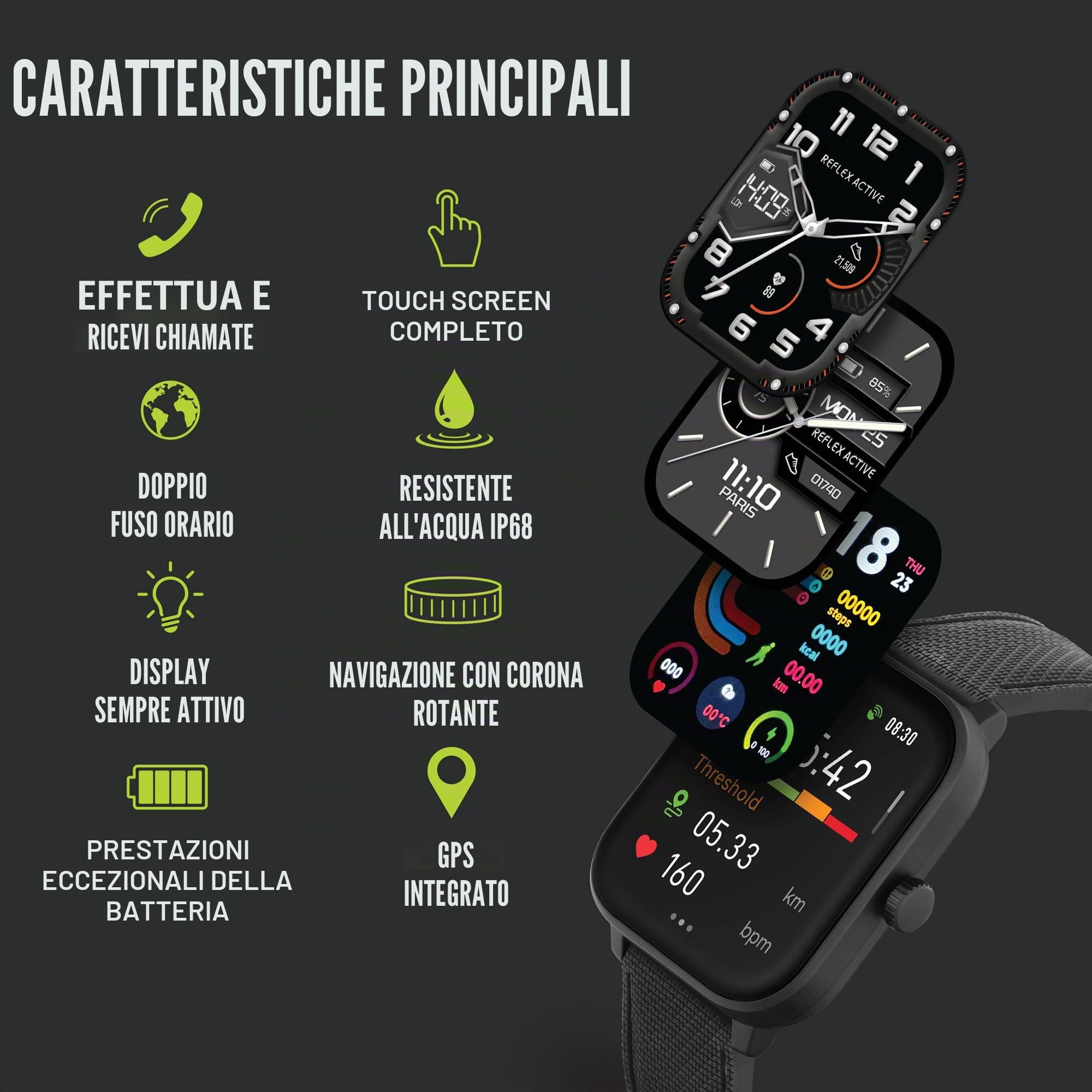 Reflex Active Amoled Series 44 Smart Watch per uomo e donna con GPS integrato, impermeabile IP68, modalità sportive, contapassi, monitoraggio del sonno, display doppio orario e cinturino in silicone