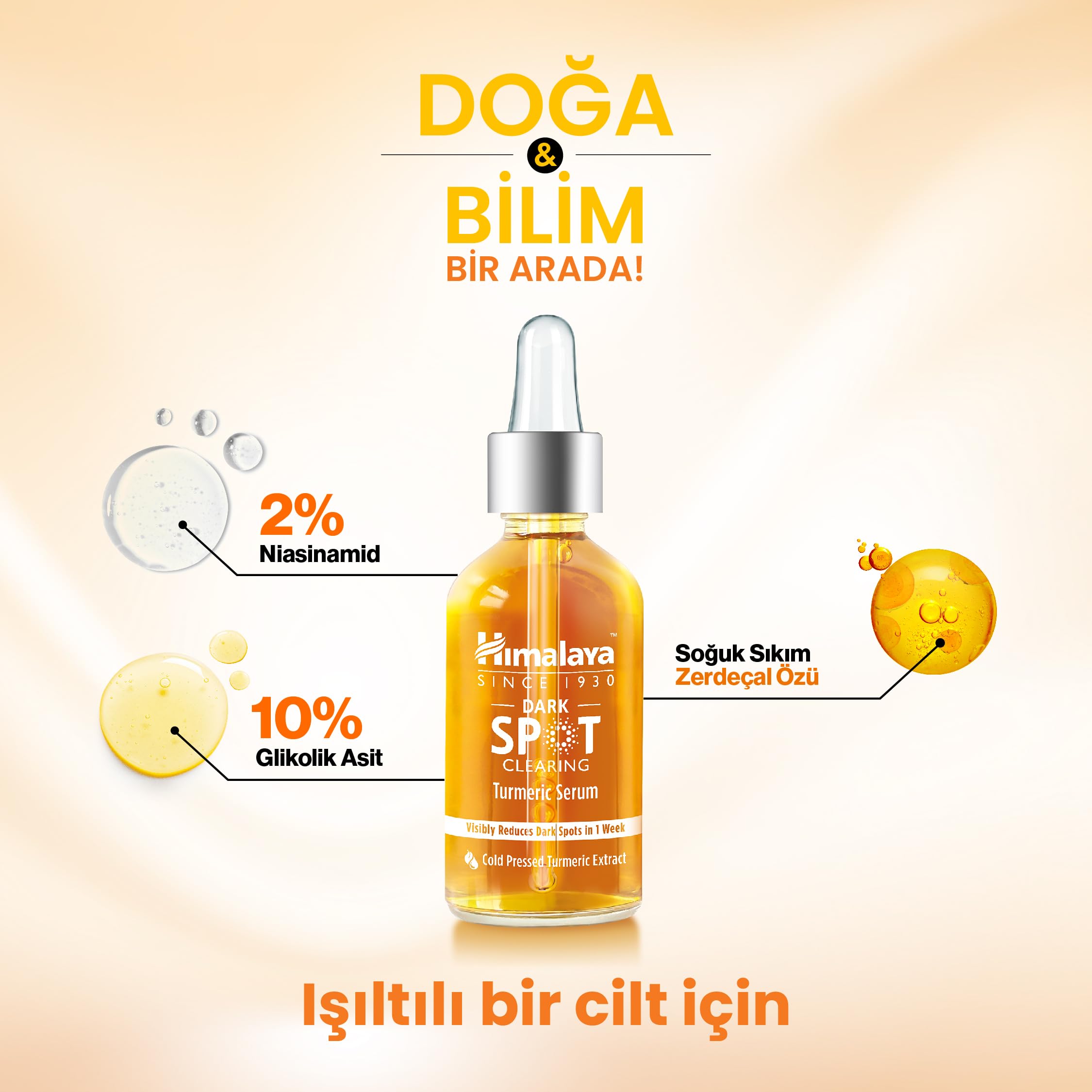 Himalaya Since 1930 Dark Spot Clearing Leke Karşıtı Zerdeçal Özlü Serum 30 ml, Niacinamide%2, Glikolik Asit 10%