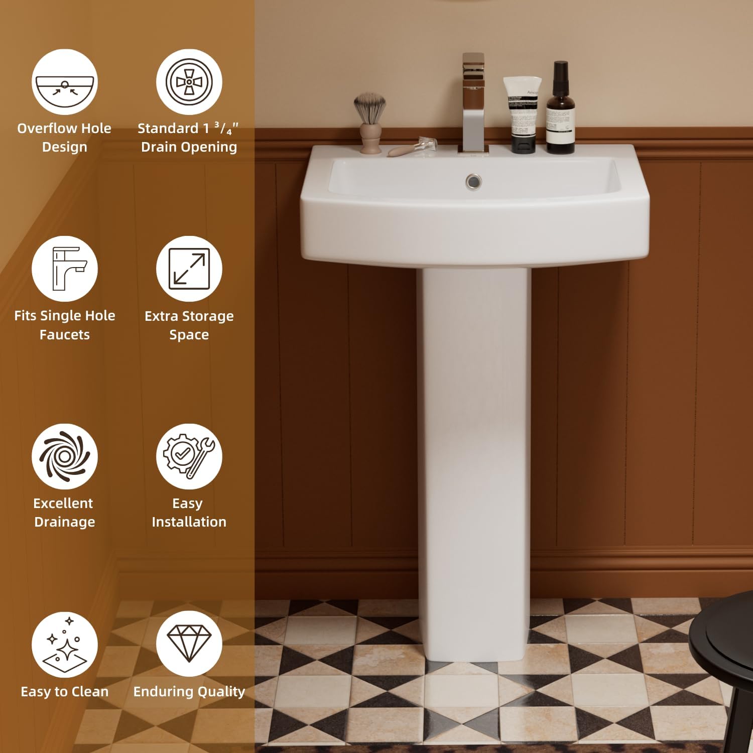 22"W x 17"D Mordern Rectangular Pedestal Sink, Los Flexi 22 Inch Bathroom Freestanding Sink, Glossy White Ceramic Pedestal Sinks for Small Bathrooms, with Overflow Hole & Single Faucet Hole