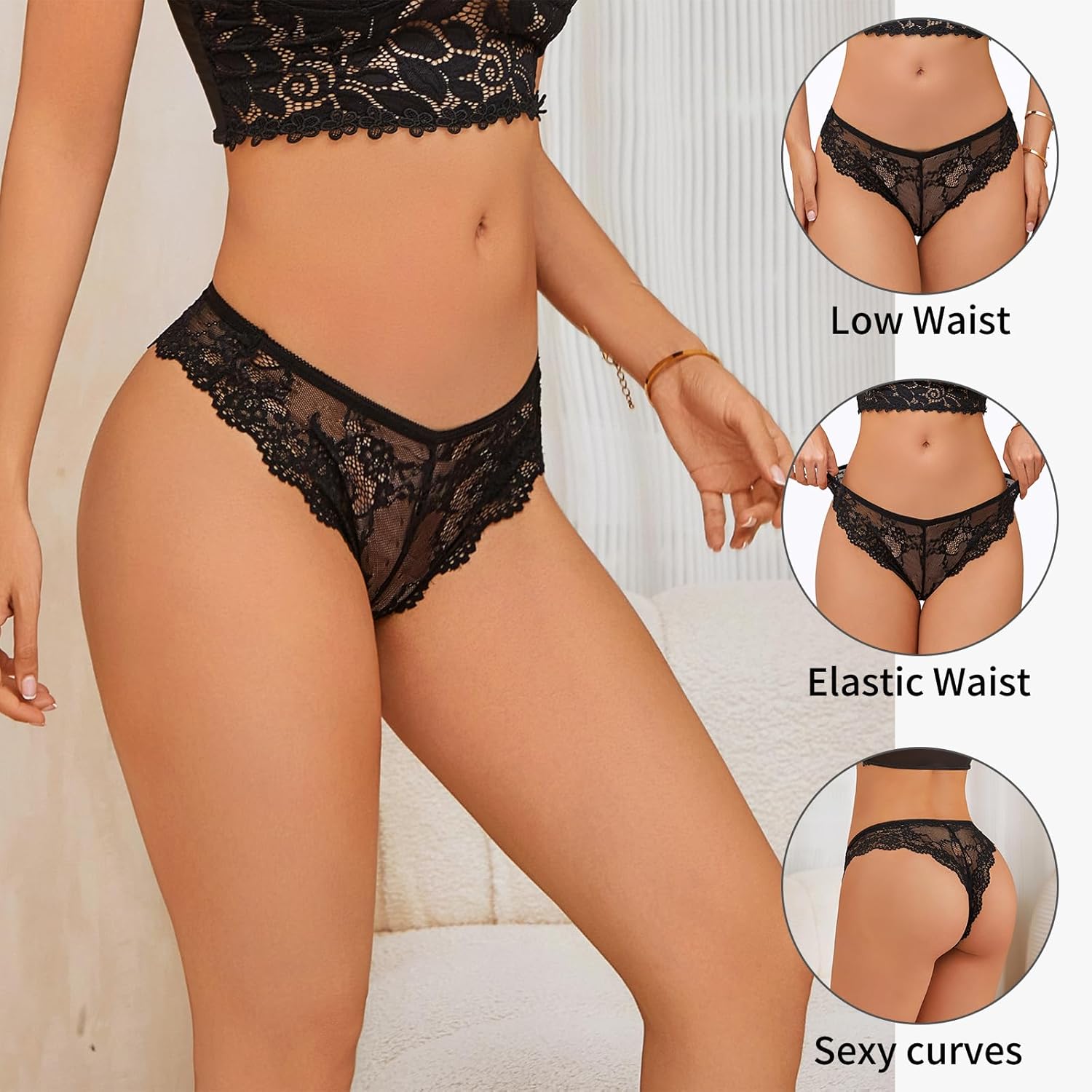 Sexy Womens Lace Thongs Low Waist Bikini Panties Breathable Floral Ladies Underwear 5 Pack - Image 2